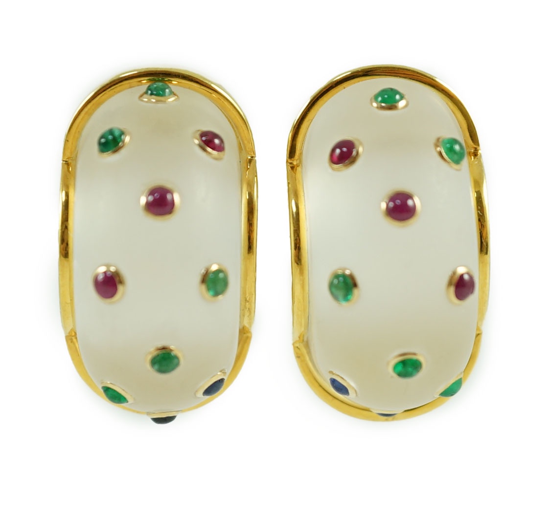 A pair of 20th century 14k gold, rock crystal and cabochon gem set demi-lune earrings